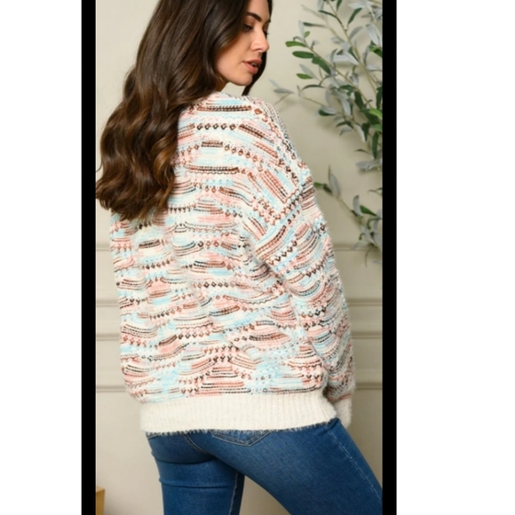 5⭐Fuzzy white boho multi print oversized chunky knit pullover crew neck sweater - Picture 7 of 11